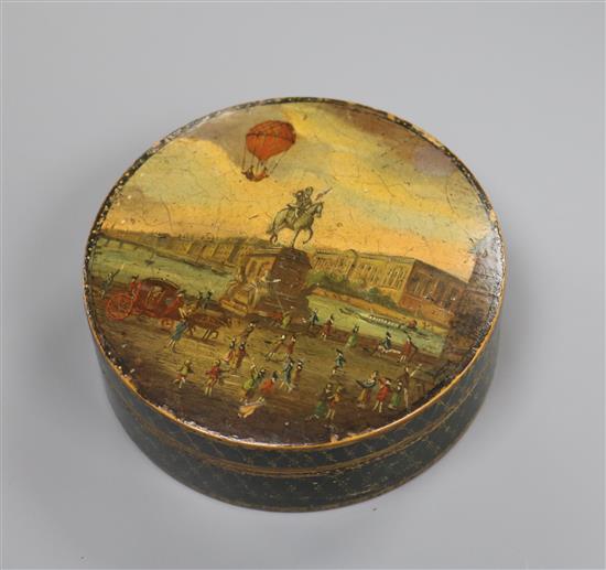 A late 18th century lacquered table snuff box, with ballooning scene